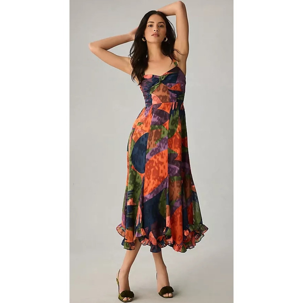 Hutch Midi Dress Womens Small Multicolor Excellent Abstract Ruffle Twist Front